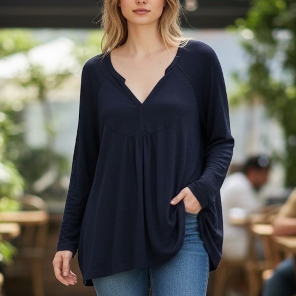 Sonoma Tunic Top Womens 3X Navy Blue Excellent Split Neck Slub Knit Boho Blouse